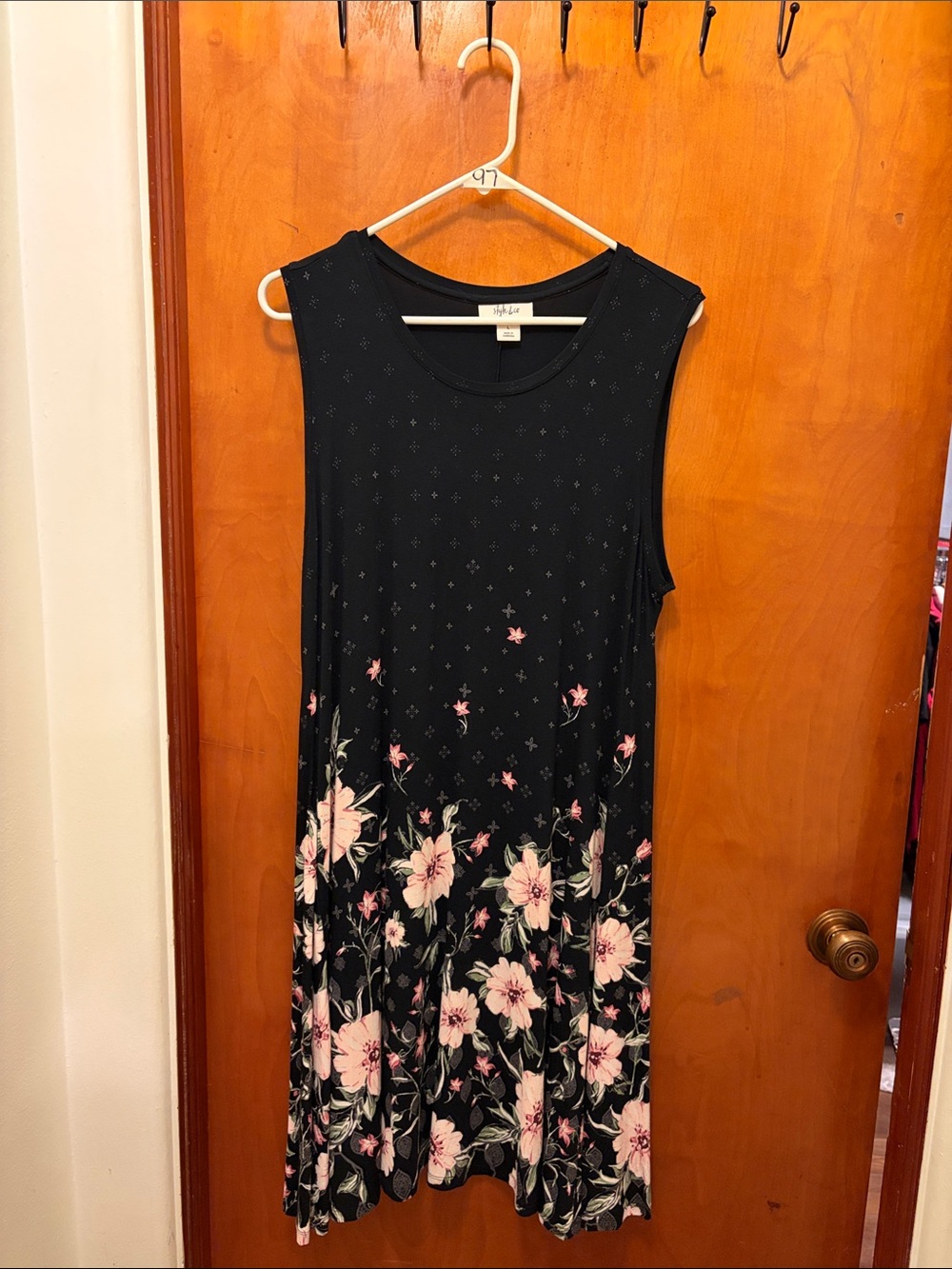 Style & Co. Black Sleeveless Floral A-Line Dress with Pink Blooms